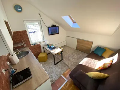 a small living room with a couch and a sink at LOVE apartman JeLEna in Brzeće