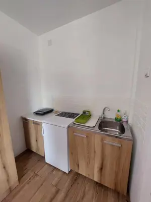 a small kitchen with a sink and a stove at Apartmani Popović in Knjazevac.