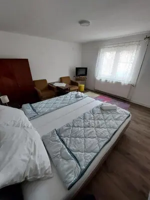 a bedroom with two beds and a living room at Apartmani Popović in Knjazevac.