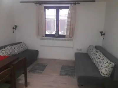 a living room with two couches and a window at Apartman Ema,Bela Reka,Brzece in Brzeće