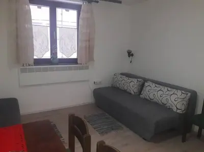 a living room with a couch and two windows at Apartman Ema,Bela Reka,Brzece in Brzeće