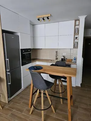 a kitchen with a wooden table and two chairs at Studio Leone Sunčana Planina in Kopaonik
