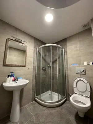 a bathroom with a shower and a toilet and a sink at Afrodita apartman in Vrnjci