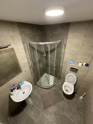 a bathroom with a shower and a toilet and a sink at Afrodita apartman in Vrnjci