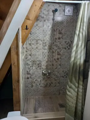 a bathroom with a shower in a attic at Vip Villa Jagodina - Jakuzzi is free - Private parking is free - Beautiful view of nature in Jagodina