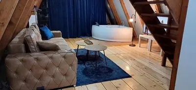 a living room with a couch and a bath tub at Vip Villa Jagodina - Jakuzzi is free - Private parking is free - Beautiful view of nature in Jagodina