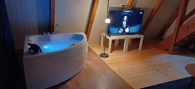 a bathroom with a tub with a tv in it at Vip Villa Jagodina - Jakuzzi is free - Private parking is free - Beautiful view of nature in Jagodina