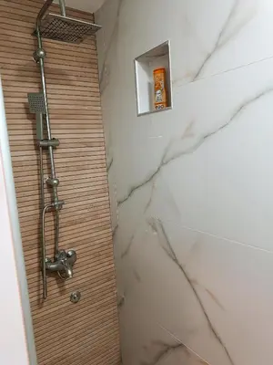 a bathroom with a shower with a wooden door at M Central Park in Niš