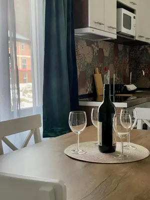 a bottle of wine sitting on a table with two wine glasses at Vila Bosa - Stara planina in Crni Vrh