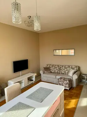 a living room with a couch and a tv at Trident Apartments 3 in Niš