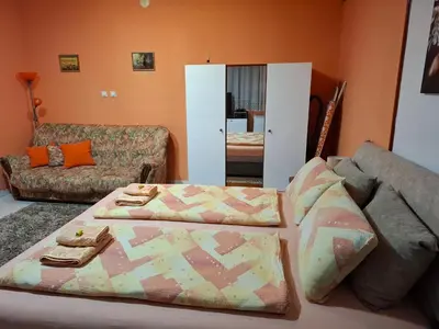 a living room with a bed and a couch at Nela Apartmani in Niš