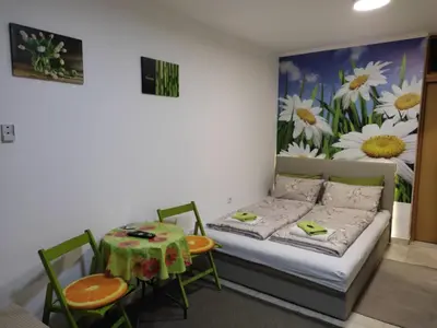 a room with a bed and a table and chairs at Nela Apartmani in Niš