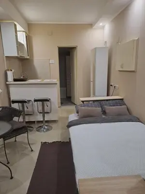 a kitchen with two beds and a counter in a room at Golden Star Viktor in Zaječar