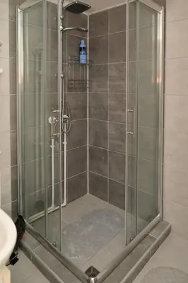 a shower with a glass door in a bathroom at Golden Star Viktor in Zaječar
