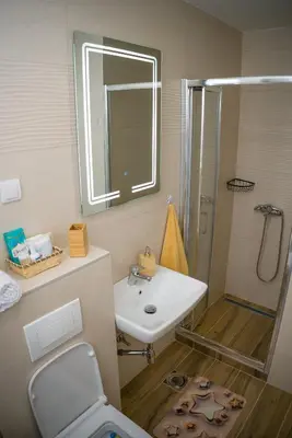 a small bathroom with a sink and a shower at Apartment Infinity in Kruševac