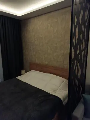 a bedroom with a bed with a black canopy at XL apartments, Residence Hill, Kopaonik in Kopaonik