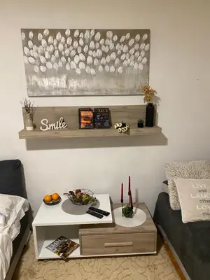 a living room with a coffee table and a couch at OLI apartman in Niš