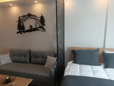 a bedroom with a bed and a couch and a picture at M&Alux Kopaonik in Cajetina