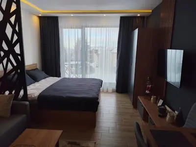 a bedroom with a bed and a tv and a window at M&Alux Kopaonik in Cajetina