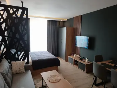 a living room with a couch and a tv at M&Alux Kopaonik in Cajetina