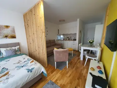 a bedroom with a bed and a living room at Apartman IRIS in Vrnjačka Banja