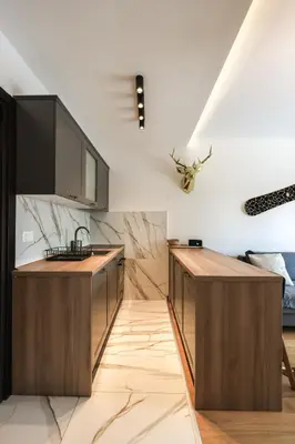 a kitchen with wooden cabinets and a ceiling at Anja Sousza Apartment in Kopaonik