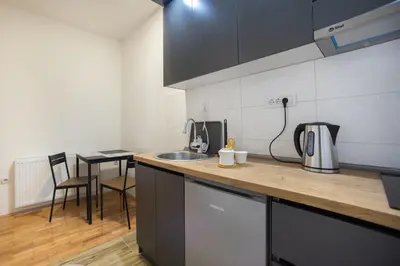 a kitchen with a sink and a counter top at V & V Studio Apartments 2 in Niš