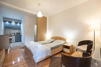 a bedroom with a bed and a desk and a chair at V & V Studio Apartments 2 in Niš