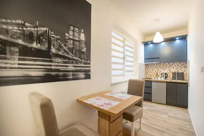 a kitchen with a table and chairs in a room at V & V Studio Apartments 2 in Niš