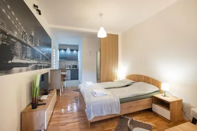 a bedroom with a bed and a television in it at V & V Studio Apartments 2 in Niš