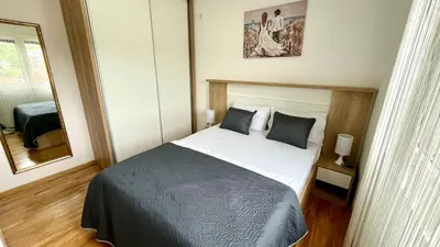 a bedroom with a bed and a mirror at Apartman Gorsky in Vrnjačka Banja