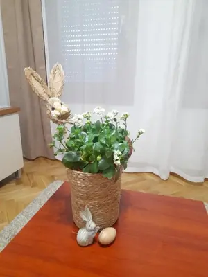 a potted plant with two rabbits and a plant at B&P apartman Vrnjačka Banja in Vrnjačka Banja
