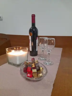 a bottle of wine and two glasses and a candle at B&P apartman Vrnjačka Banja in Vrnjačka Banja