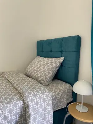 a bed with a blue headboard next to a table at Apartments and Rooms Radivojević Niš in Niš