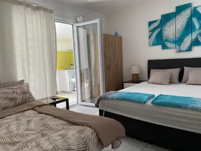 a bedroom with two beds and a large window at Apartments and Rooms Radivojević Niš in Niš