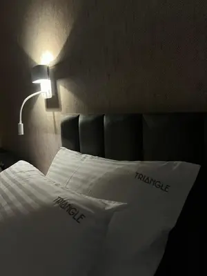 a bedroom with a bed with a lamp and pillows at Triangle Rooms in Raška