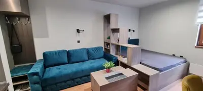 a living room with a blue couch and a table at Apartman Snezni Vrh - Bela Reka, Brzece in Brzeće
