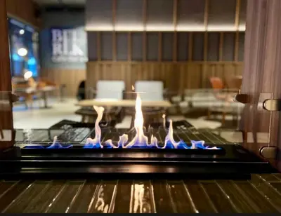 a fireplace with blue flames in a room at Apartman Snezni Vrh - Bela Reka, Brzece in Brzeće