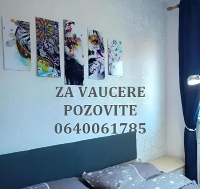 a bedroom with four paintings on the wall at OPERA LUX APARTMENTS Green Hill - Relax & Free Parking in Soko Banja