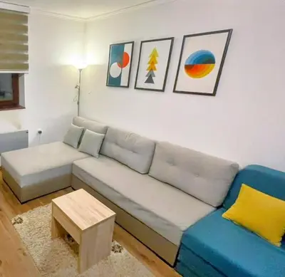 a living room with a white couch and paintings on the wall at Bela Reka Gondola Studio in Brzeće