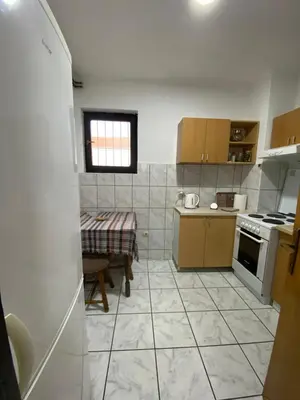 a kitchen with a stove and a table in it at Apartmani Dora Leskovac in Leskovac