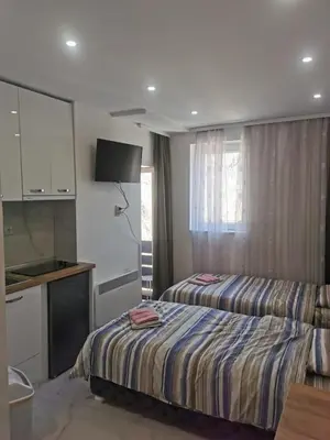 a hotel room with a bed and a kitchen at Apartman Aleksandar 2 in Ribarska Banja