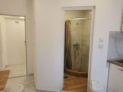 a bathroom with a shower and a toilet in a room at Apartman Aleksandar 2 in Ribarska Banja