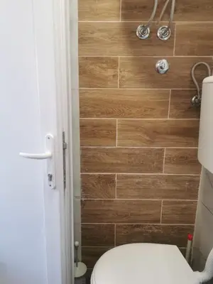 a bathroom with a toilet and a wooden wall at Apartman Aleksandar 1 in Ribarska Banja