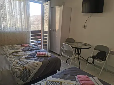 a room with two beds and a table and chairs at Apartman Aleksandar 1 in Ribarska Banja
