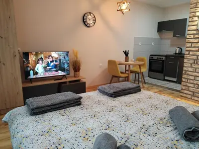 a living room with a large bed and a tv at Studio Iris 1 in Niš