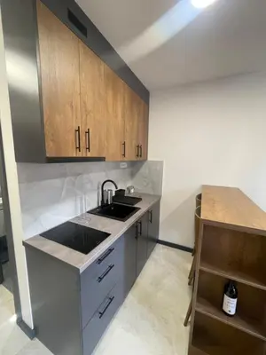 a kitchen with a sink and wooden cabinets at Jutarnja Zvezda Kop in Kopaonik