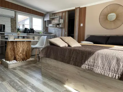 a bedroom with a bed and a table with a tree stump in it at Diamona Lux Spa Apartman in Niš