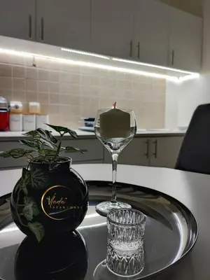 a wine glass sitting on top of a kitchen sink at Vlada apartmani in Vrnjačka Banja