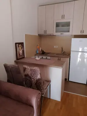 a kitchen with a counter and a white refrigerator at Studio Kalina in Vrnjačka Banja